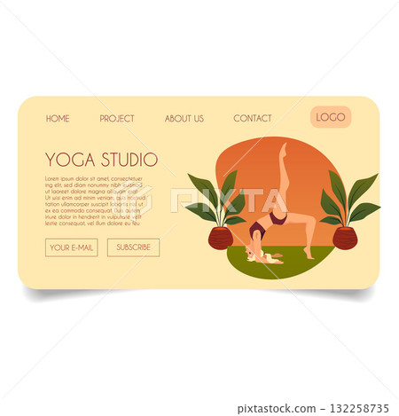 A landing page for a yoga studio website featuring a woman doing yoga poses. A landing page for a yoga studio website featuring a woman doing yoga poses. 132258735