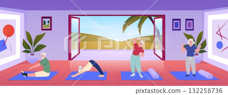 Yoga studio interior with elderly characters on mats and a picture window. 132258736