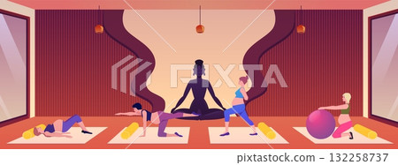 Yoga class studio with pregnant women doing acrobatic exercises vector flat illustration, healthy lifestyle, gymnastic 132258737