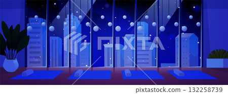 Yoga studio interior at night vector flat illustration, empty dark room with panoramic window, mats and potted plant 132258739