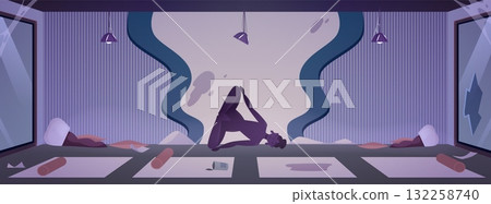Destroyed and abandoned Yoga studio interior vector flat illustration, broken statue figure of woman in meditation pose Destroyed and abandoned Yoga studio interior vector flat illustration, broken statue figure of woman in meditation pose 132258740