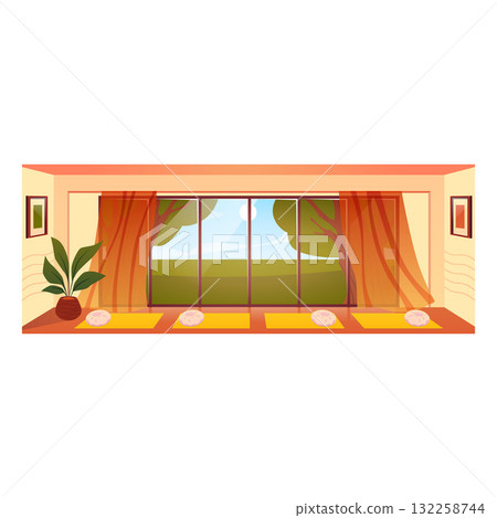 Yoga studio interior vector flat illustration, empty cozy meditation room panoramic window with nature landscape, mats 132258744