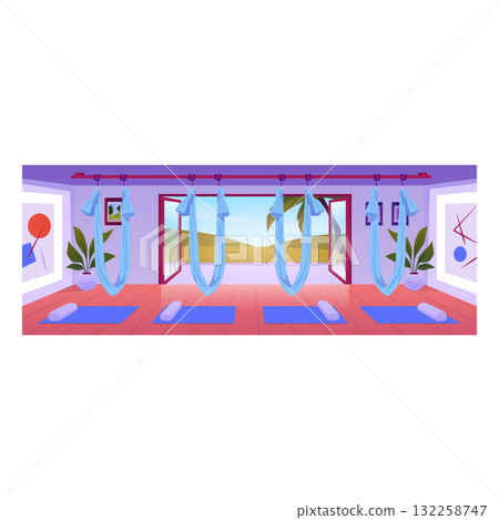 Yoga studio interior with hammocks, mats, and open panoramic windows. 132258747