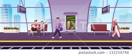 An enclosed railway station with tracks, panoramic windows, and characters. An enclosed railway station with tracks, panoramic windows, and characters. 132258748