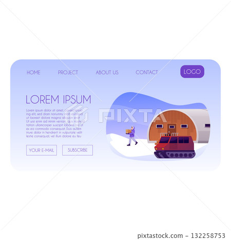 Arctic exploration, Polar expedition vector landing page, scientific North Pole base with hangar, vehicle and explorer 132258753
