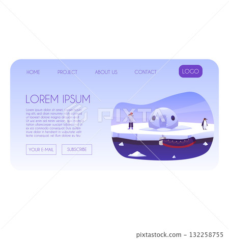 Arctic exploration Polar expedition vector landing page, scientific explorer on an ice island looking through binoculars 132258755