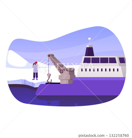 Arctic exploration, Polar expedition, explorer person looking through binoculars, ice breaker vector flat illustration Arctic exploration, Polar expedition, explorer person looking through binoculars, ice breaker vector flat illustration 132258760