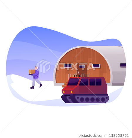 Polar research station hangar with a snowmobile, a character with a box, and a snowy landscape. Polar research station hangar with a snowmobile, a character with a box, and a snowy landscape. 132258761
