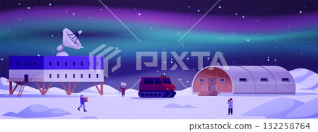 Polar expedition station on North Pole at night northern lights, vector flat Arctic landscape with buildings, vehicles Polar expedition station on North Pole at night northern lights, vector flat Arctic landscape with buildings, vehicles 132258764