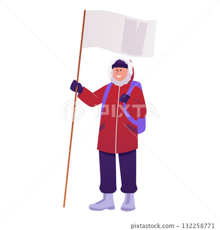 Scientist explorer character in warm winter outfit with flag and backpack, vector flat Arctic Polar expedition man staff Scientist explorer character in warm winter outfit with flag and backpack, vector flat Arctic Polar expedition man staff 132258771