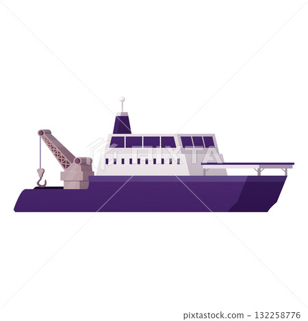 Research vessel with deck crane, side view, marine transport vessel. Research vessel with deck crane, side view, marine transport vessel. 132258776