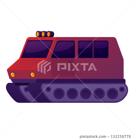 Caterpillar vehicle for Arctic expedition, vector flat snow truck, Polar station transport, scientific research car 132258778