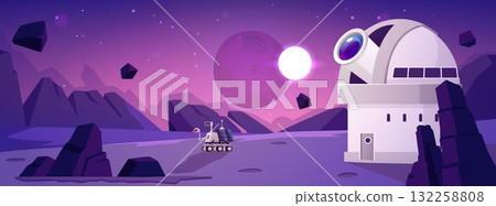 Observatory building with a telescope and a Mars rover on an alien planet. 132258808