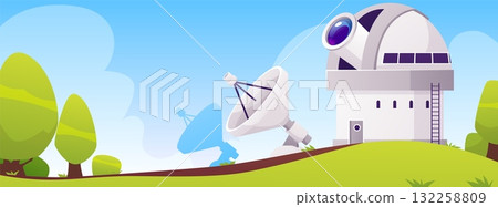 Panoramic view of an observatory building with a dome, telescope, and antenna, among green trees. Panoramic view of an observatory building with a dome, telescope, and antenna, among green trees. 132258809