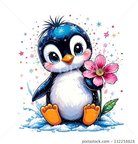 Adorably plump chibi penguin with big eyes, holding a pink flower, surrounded by snow and sparkling watercolor sprinkles. 132258828