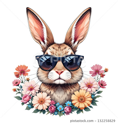 Fluffy rabbit portrait wearing dark sunglasses, nestled in a wreath of colorful spring and summer flowers. 132258829