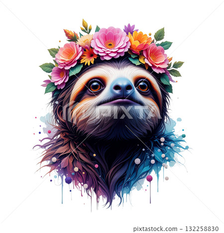Close-up of a cute sloth wearing a colorful floral crown, illustrated in a soft, dreamy watercolor style with drips. 132258830