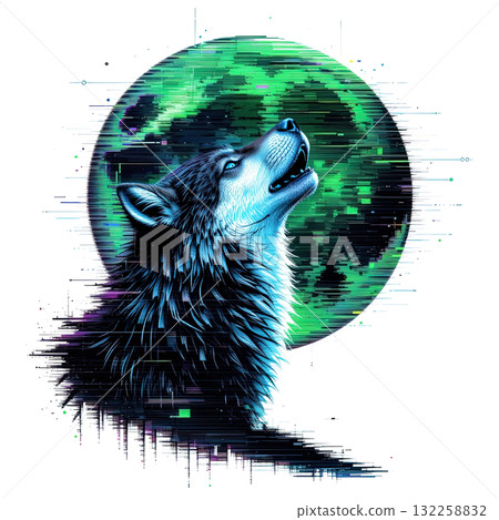 Fierce wolf howling at a glowing green moon, captured with a futuristic, digital glitch effect and vibrant, expressive brushstrokes. 132258832