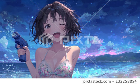 A woman in a swimsuit shooting a water gun at the beach 132258854