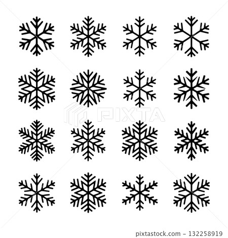 Variety of unique snowflake designs creating a winter theme suitable for festive decorations and patterns 132258919