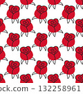 Seamless pattern with red rose buds outlined in black on white background 132258961