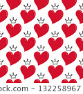 Seamless pattern of red hearts with a crown on white background. Flat vector style 132258967