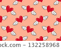 Seamless pattern of red hearts with wings on peach background. Flat vector style 132258968
