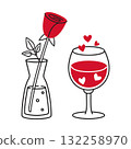 Red rose and wine glass with hearts. Hand drawn trendy flat style isolated 132258970