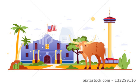 Alamo And Skylon Tower - Colorful Flat Design Illustration 132259110