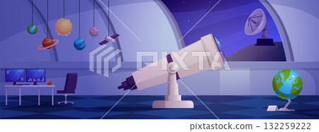 Space observatory rooftop interior with a telescope, stars in the sky, antenna, desk, and globe. 132259222