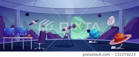 Space observatory interior with panoramic windows, desk, and telescope. Space observatory interior with panoramic windows, desk, and telescope. 132259223