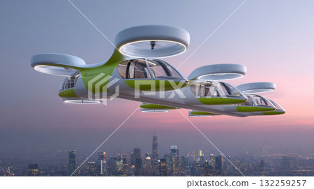 A futuristic flying vehicle, which appears to be a hybrid between a car and a helicopter. It has four rotors on top for propulsion and is designed with a sleek, aerodynamic body. 132259257