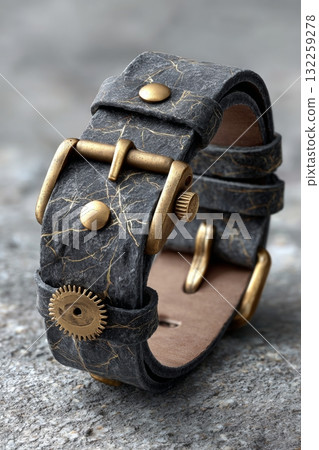 Fashionable watch strap made from textured mycelium leather with brass mechanical detailing 132259278