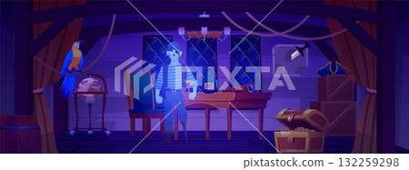 A ship's cabin interior with furniture, a parrot, a treasure chest, a ghost, and a one-eyed pirate. 132259298
