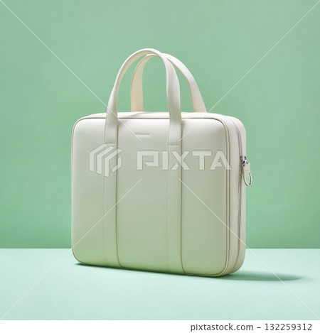 Minimalist e-commerce style photo of mycelium leather laptop bag with handles on green background 132259312