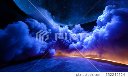 A person standing in a surreal, otherworldly environment with clouds and stars above them 132259324