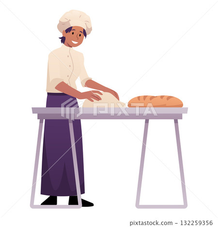 Chef, man, kneading dough on kitchen table, bakery products nearby. 132259356