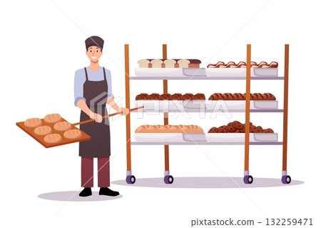 Smiling baker in uniform holds bread shovel with fresh loaves near rack full of various pastries. 132259471