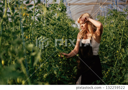 Tired after hard work. Beautiful woman is in the greenhouse 132259522