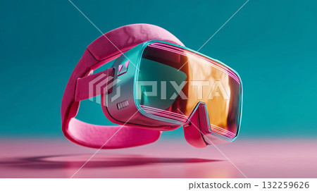 A pair of futuristic-looking virtual reality (VR) goggles placed on a surface with a gradient background transitioning from pink to blue, suggesting a modern and tech-oriented theme. A pair of futuristic-looking virtual reality (VR) goggles placed on a surface with a gradient background transitioning from pink to blue, suggesting a modern and tech-oriented theme. 132259626