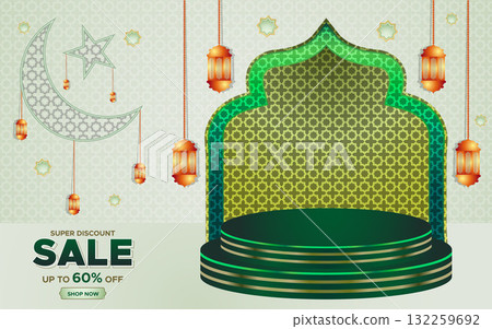 Ramadan Kareem Super Sale Web Banner Background with Podium for Display of product. Ramadan Big Sale Promotion Poster and Social Media Post. Islamic Special Offer Promotion Banner Design Template 132259692