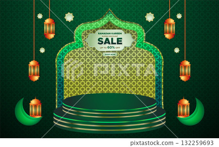 Ramadan Kareem Super Sale Web Banner Background with Podium for Display of product. Ramadan Big Sale Promotion Poster and Social Media Post. Islamic Special Offer Promotion Banner Design Template 132259693