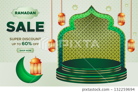 Ramadan Kareem Super Sale Web Banner Background with Podium for Display of product. Ramadan Big Sale Promotion Poster and Social Media Post. Islamic Special Offer Promotion Banner Design Template Ramadan Kareem Super Sale Web Banner Background with Podium for Display of product. Ramadan Big Sale Promotion Poster and Social Media Post. Islamic Special Offer Promotion Banner Design Template 132259694