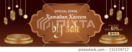 Ramadan Kareem Web Background Super Sale Banner with Podium for Display of product. Ramadan Mega Big Sale Promotion Poster and Social Media Post. Islamic Special Offer Promotion Banner Design Template 132259717
