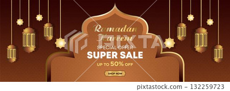 Ramadan Kareem Web Background Super Sale Banner with Podium for Display of product. Ramadan Mega Big Sale Promotion Poster and Social Media Post. Islamic Special Offer Promotion Banner Design Template 132259723