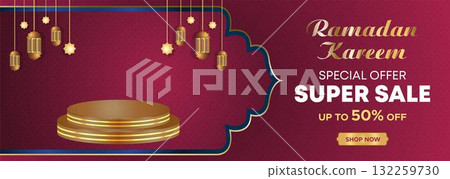 Ramadan Kareem Web Background Super Sale Banner with Podium for Display of product. Ramadan Mega Big Sale Promotion Poster and Social Media Post. Islamic Special Offer Promotion Banner Design Template 132259730