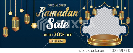 Ramadan Kareem Web Background Super Sale Banner with Podium for Display of product. Ramadan Mega Big Sale Promotion Poster and Social Media Post. Islamic Special Offer Promotion Banner Design Template 132259738