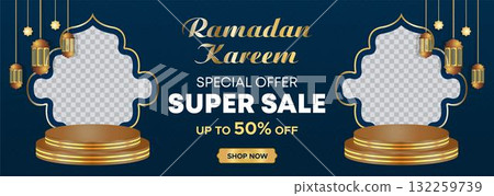 Ramadan Kareem Web Background Super Sale Banner with Podium for Display of product. Ramadan Mega Big Sale Promotion Poster and Social Media Post. Islamic Special Offer Promotion Banner Design Template 132259739