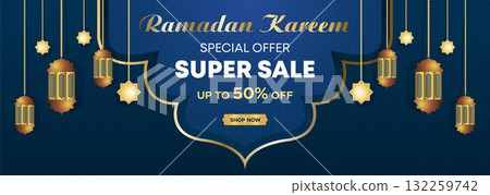Ramadan Kareem Web Background Super Sale Banner with Podium for Display of product. Ramadan Mega Big Sale Promotion Poster and Social Media Post. Islamic Special Offer Promotion Banner Design Template 132259742