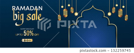 Ramadan Kareem Web Background Super Sale Banner with Podium for Display of product. Ramadan Mega Big Sale Promotion Poster and Social Media Post. Islamic Special Offer Promotion Banner Design Template 132259745